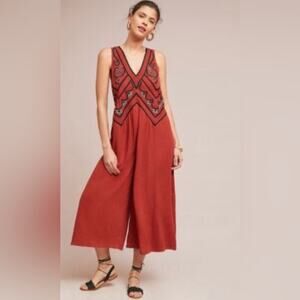 ANTHROPOLOGIE DESERT EMBROIDERED JUMPSUIT RUST BURT ORANGE BLACK TRIM